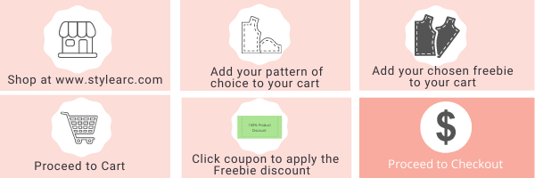 Shop at Style Arc, add your pattern of choice and freebie pattern to your cart, proceed to check out, click coupon