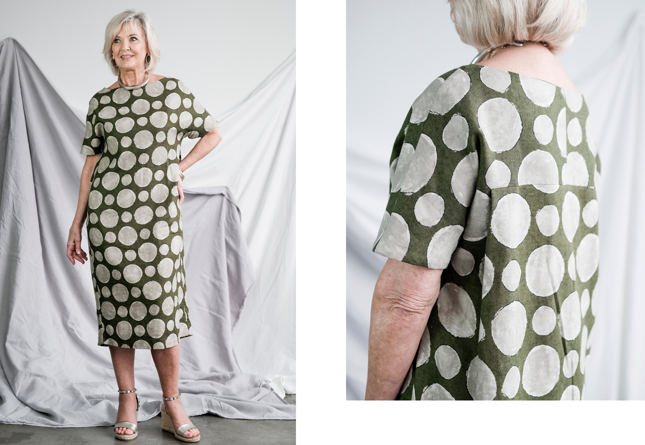 image of Melba dress in green spot fabric and close up of back pleat detail