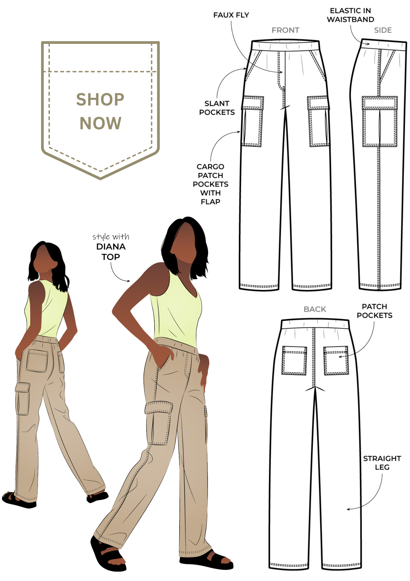 Cargo pants sewing pattern designed especially for girls