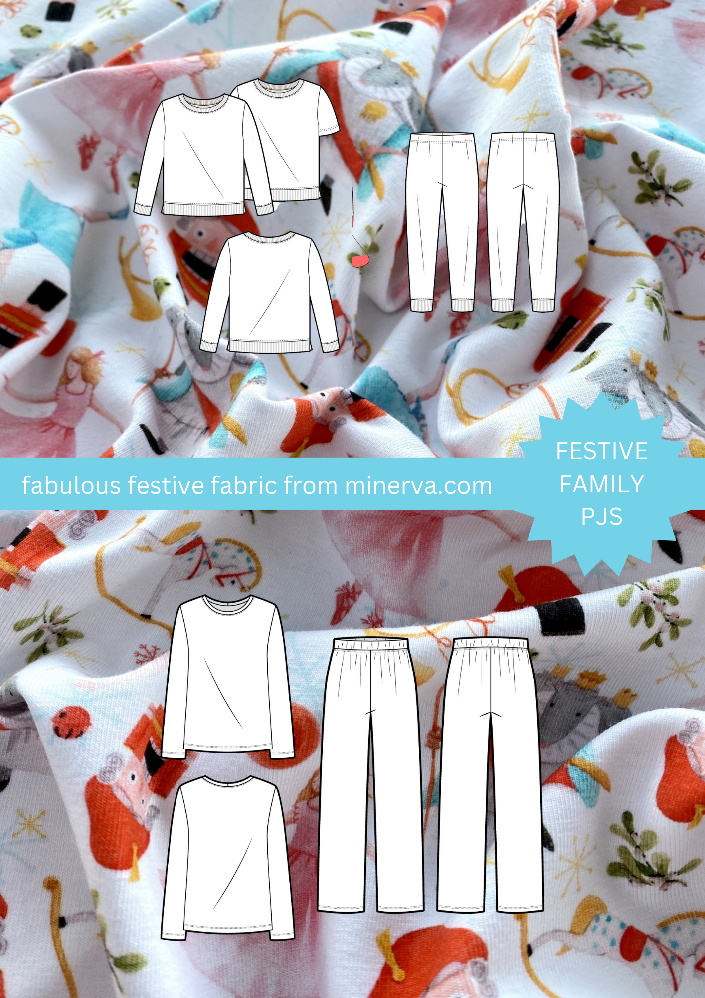 Make you and your family some festive PJs with gorgeous Christmas themed jersey fabric from Minerva!