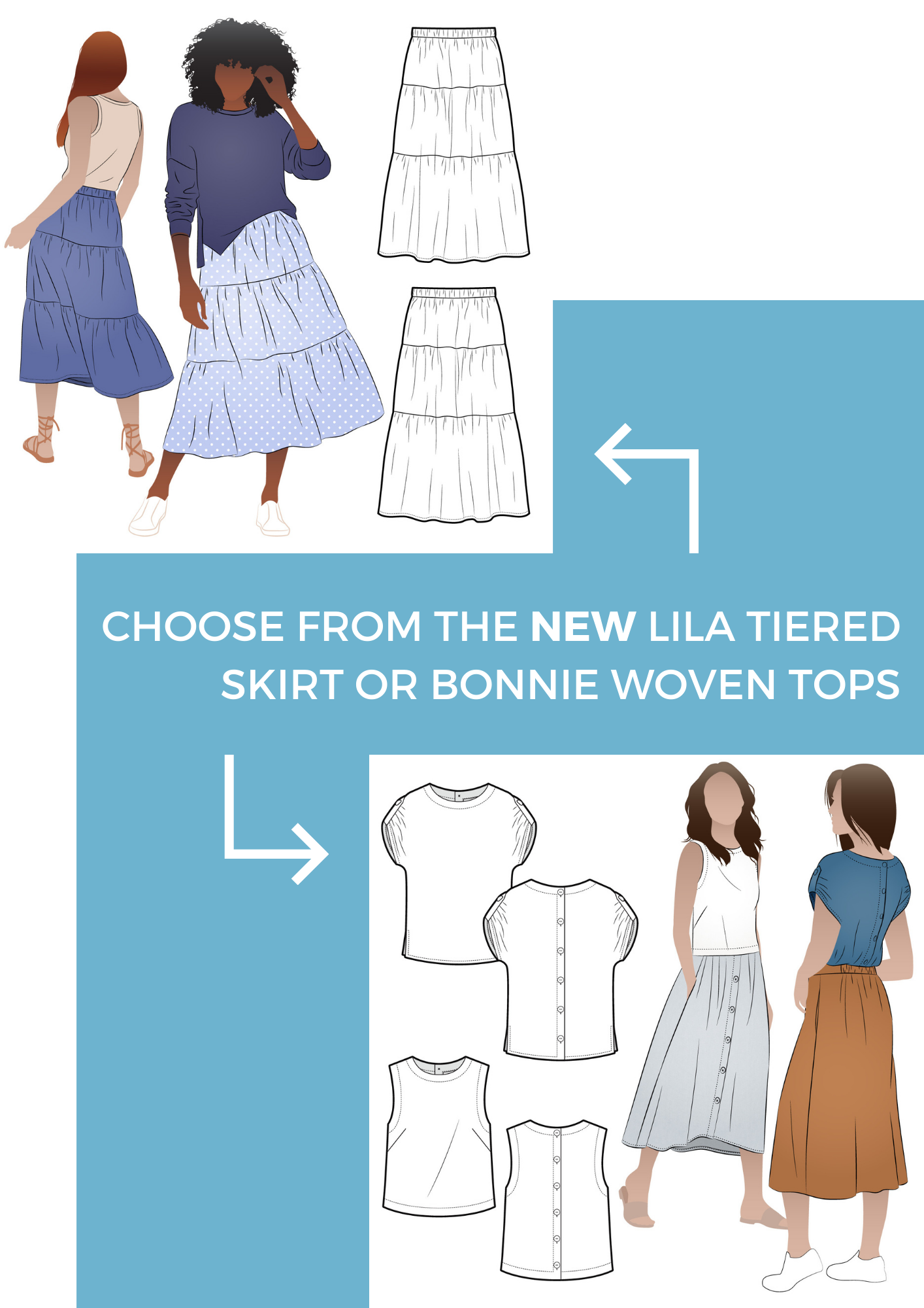 Choose from the Lila Tiered Skirt or Bonnie Woven Tops
