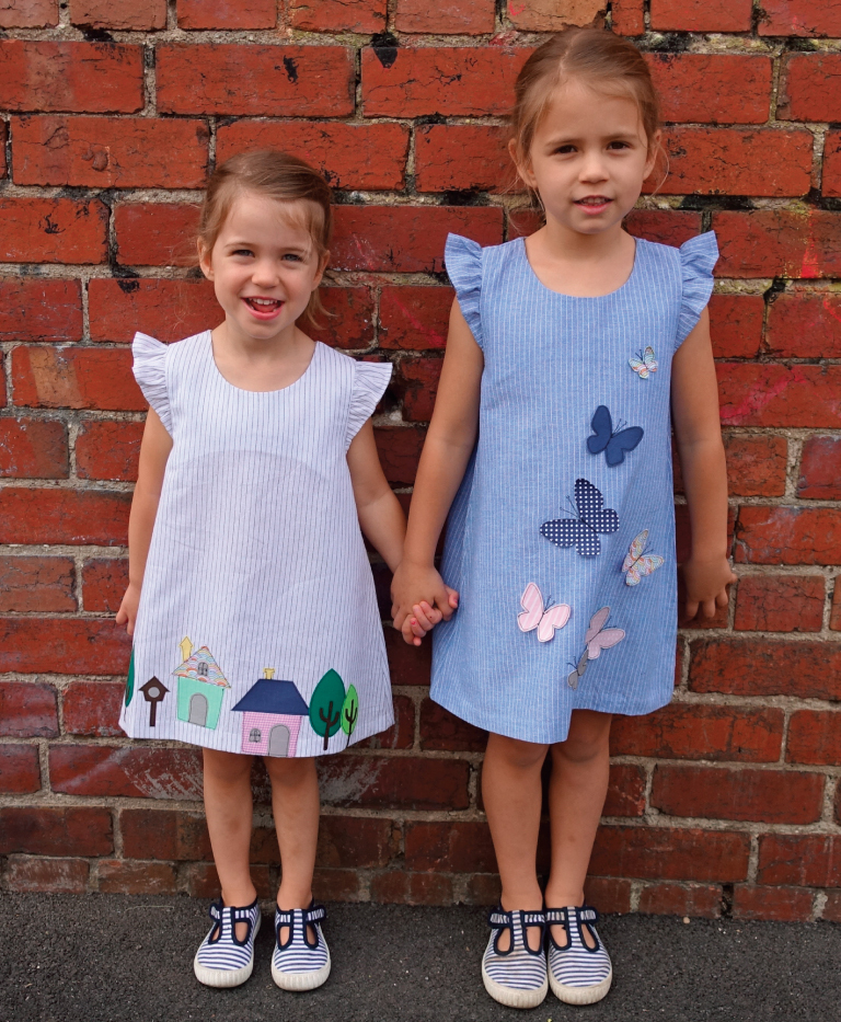 Andie Dress with Appliques - Houses and Butterflies attached.