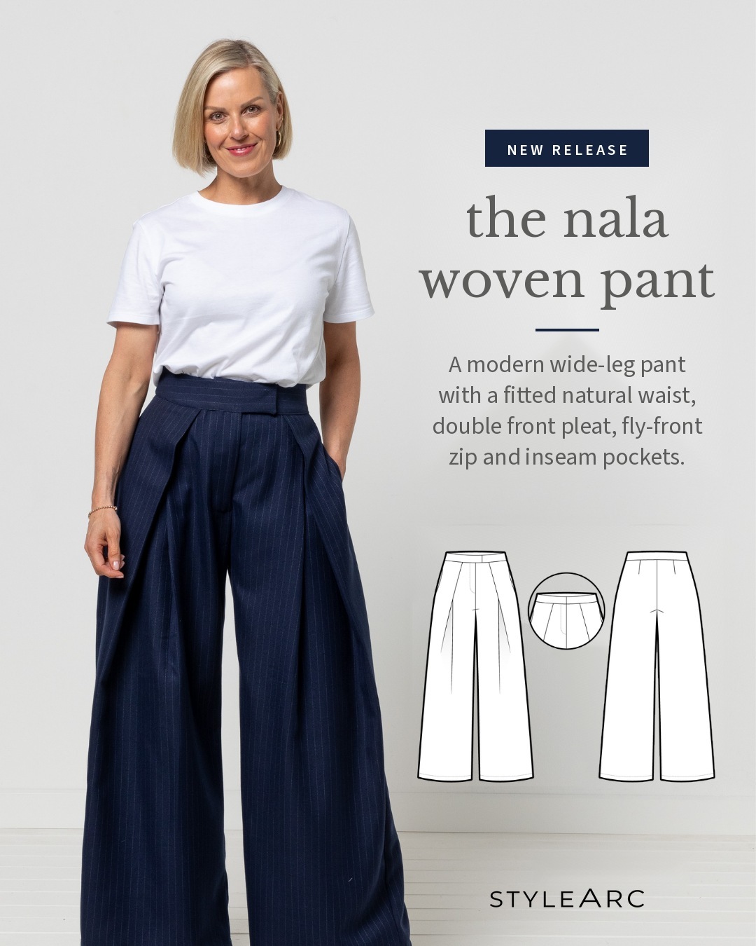 Nala Woven Pant in navy on a model, with drawings of the wide-leg pattern