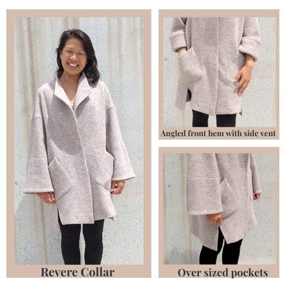 Petra Coat statement details- revere collar, angled front hem with side vent and oversized pockets 