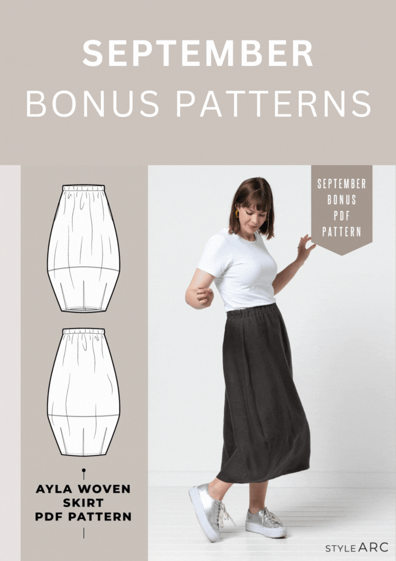 Style Arc September 2023 Bonus Sewing Patterns - Ayla Woven Skirt or Besharl Knit Tee