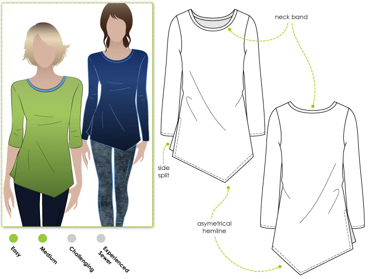 Adele Top Sewing Pattern By Style Arc - Stylish knit asymmetrical Tunic Top