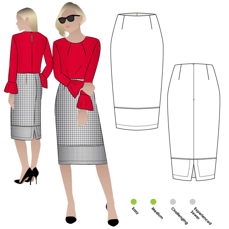 Agatha Woven Skirt Sewing Pattern By Style Arc - Classic pencil skirt featuring a wide hem panel and back split opening.