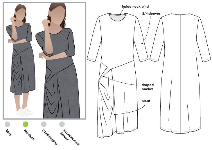 Alissa Knit Dress Sewing Pattern By Style Arc - Knit drape side pocket designer dress with 3/4 sleeves