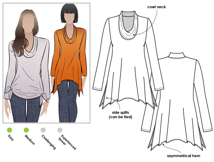 Amy Knit Top Sewing Pattern By Style Arc - Casual new dropped hem top with semi cowl neck