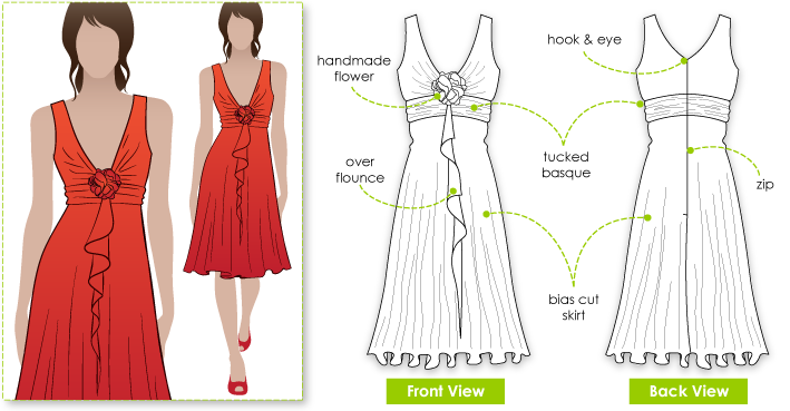 Angie Dress Sewing Pattern By Style Arc - Bias cut pretty dress with handmade flower