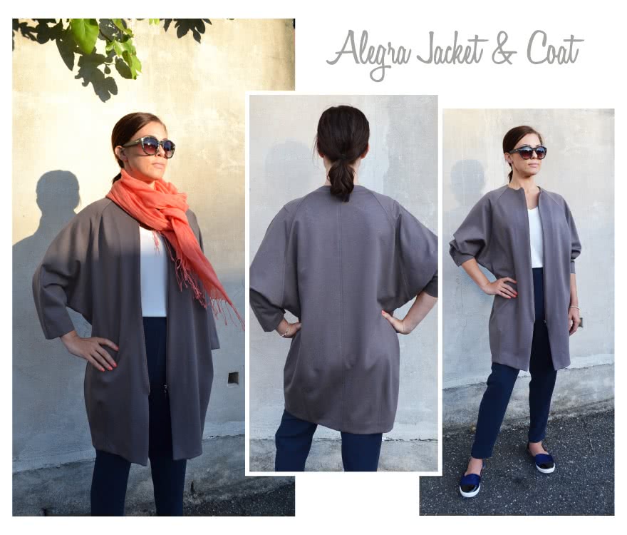 Alegra Jacket / Coat Sewing Pattern By Style Arc - One pattern two looks - Short jacket with pleat back and deep raglan sleeves & Knee length zip front cocoon shaped coat.