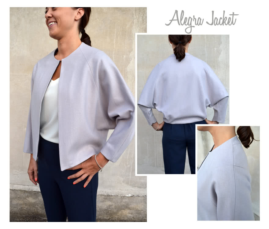 Alegra Jacket / Coat Sewing Pattern By Style Arc - One pattern two looks - Short jacket with pleat back and deep raglan sleeves & Knee length zip front cocoon shaped coat.