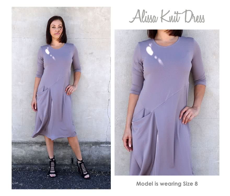 Alissa Knit Dress Sewing Pattern By Style Arc - Knit drape side pocket designer dress with 3/4 sleeves