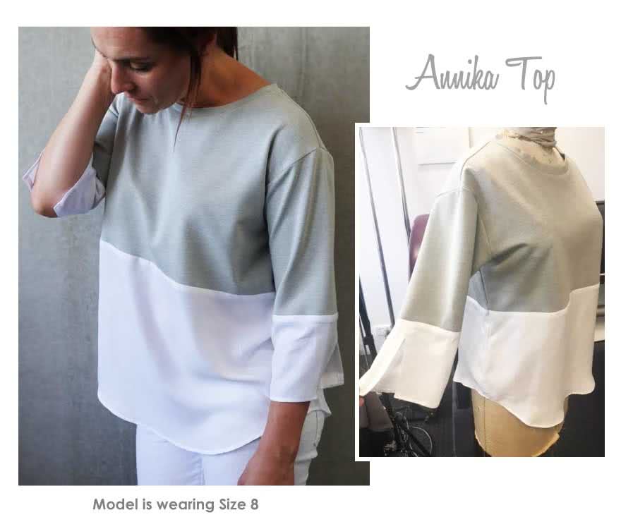 Annika Top Sewing Pattern By Style Arc - Sliced knit and woven top featuring a dropped shoulder and interesting cuff detail