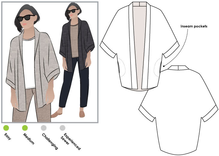 Besharl Jacket Sewing Pattern By Style Arc - Kimono-style jacket with open front and cosy shawl collar