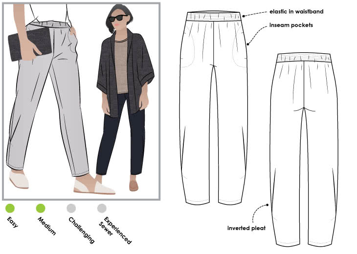 Besharl Pant Sewing Pattern By Style Arc - Elastic waist pull on pant with interesting hem tuck detail