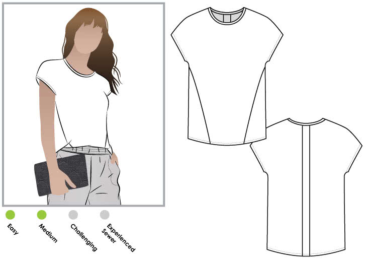 Besharl Knit Tee Sewing Pattern By Style Arc - Square cut extended shoulder T-shirt with angled seams & back detail