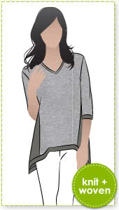 Bianca Knit Top Sewing Pattern By Style Arc - Tunic style Top with “V” neck and angled hem line