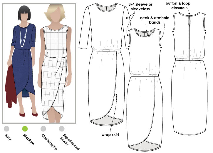 Cameron Dress Sewing Pattern By Style Arc - On trend pull-on dress with an elastic waist, wrap skirt and interesting hemline
