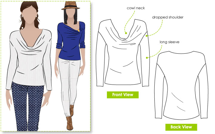 Cate's Cousin Top Sewing Pattern By Style Arc - Cowl neck top with long sleeve and fashionable hemline