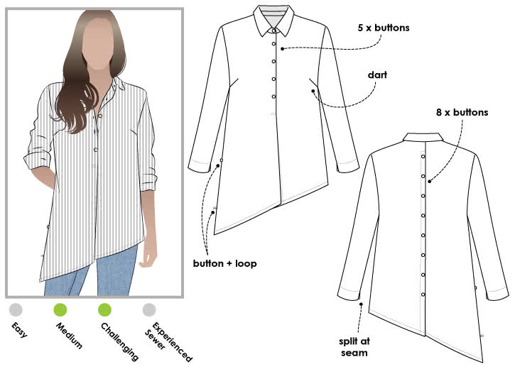 Crystal Over-Shirt Sewing Pattern By Style Arc - Asymmetrical hem over shirt with an on-trend back treatment