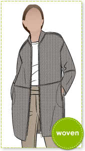 Casey Coat Sewing Pattern By Style Arc - Three quarter length slight cocoon shaped coat with a zip front opening