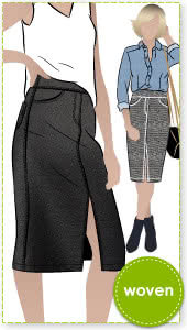 Charlie Stretch Woven Skirt Sewing Pattern By Style Arc - Pull on stretch woven jean skirt with hidden elastic waist