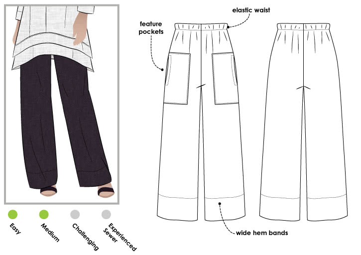 Daisy Designer Pant Sewing Pattern By Style Arc - Wide-leg pull-on pant with patch pockets