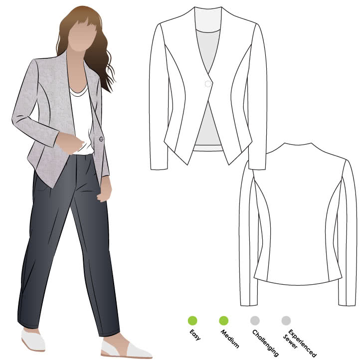 Dorothy Woven Jacket Sewing Pattern By Style Arc - Unlined fitted jacket with asymmetrical front hemline and two-piece sleeve.