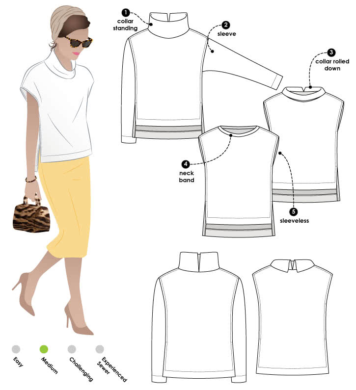 Esme Designer Knit Top Sewing Pattern By Style Arc - Square cut top with funnel or band neck options, sleeved or sleeveless, with a high/low hem