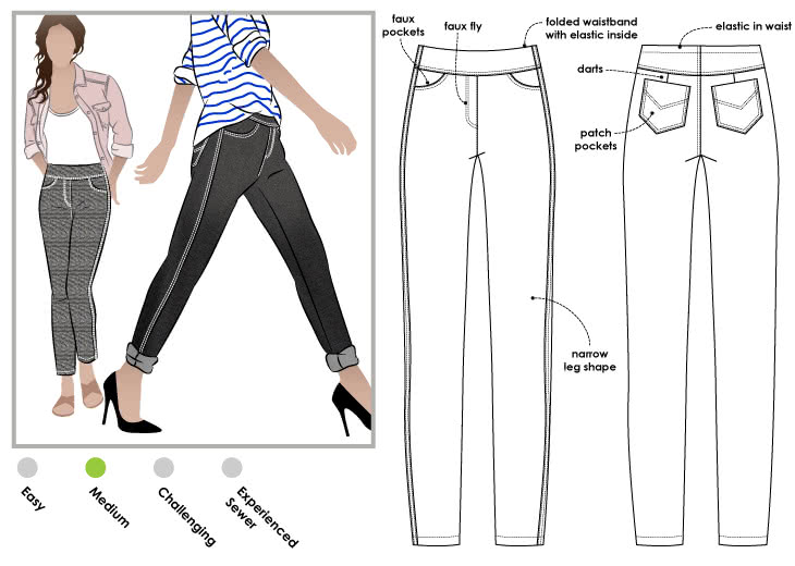 Georgie Stretch Woven Jean Sewing Pattern By Style Arc - Pull on woven stretch pant with wide waistband and the perfect leg shape.