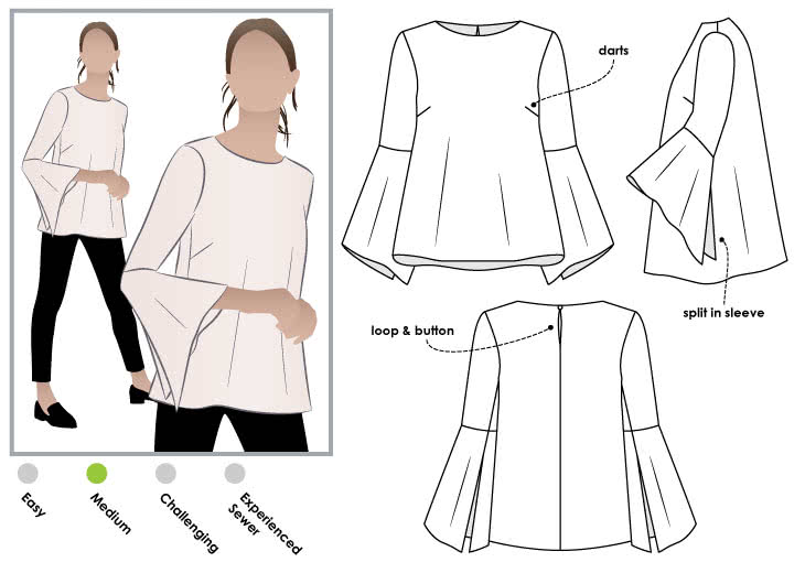 Harlow Top Sewing Pattern By Style Arc - Swing top with on trend bell sleeve