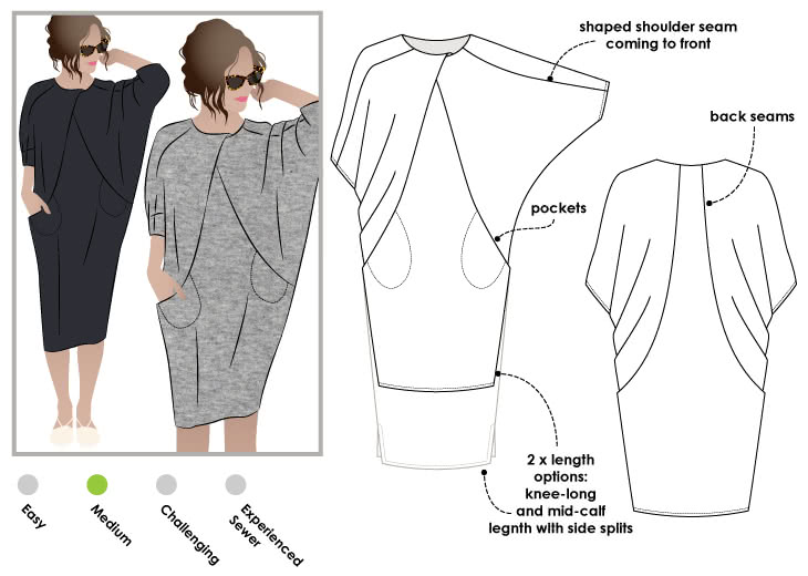 Hedy Designer Dress Sewing Pattern By Style Arc - Easy to wear cocoon shaped dress with hidden pockets and pleat neck