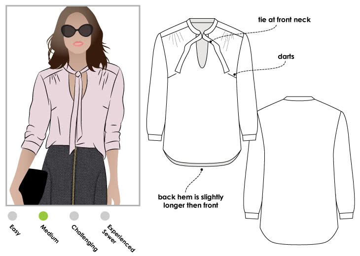 Holly Woven Blouse Sewing Pattern By Style Arc - Classic blouse with front tie and 7/8th sleeve length
