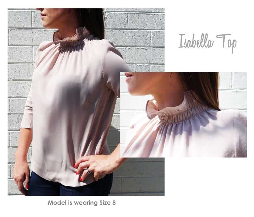 Isabella Top Sewing Pattern By Style Arc - Feminine woven top with ruffle neck and 7/8 sleeve