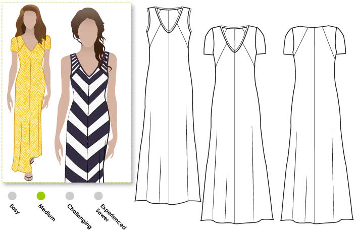 Jacinta Knit Dress Sewing Pattern By Style Arc - Maxi length dress with V-neck
