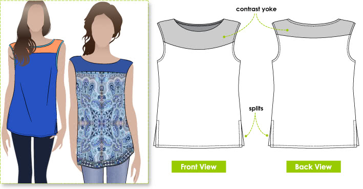 Judy Knit Top Sewing Pattern By Style Arc - Sleeveless tunic with yoke and side splits