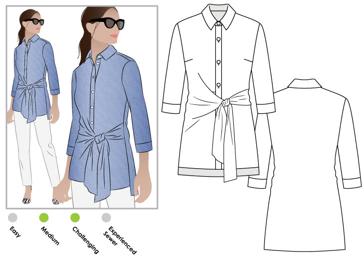 Juliet Woven Shirt Sewing Pattern By Style Arc - Stylish tie front shirt with ¾ sleeve