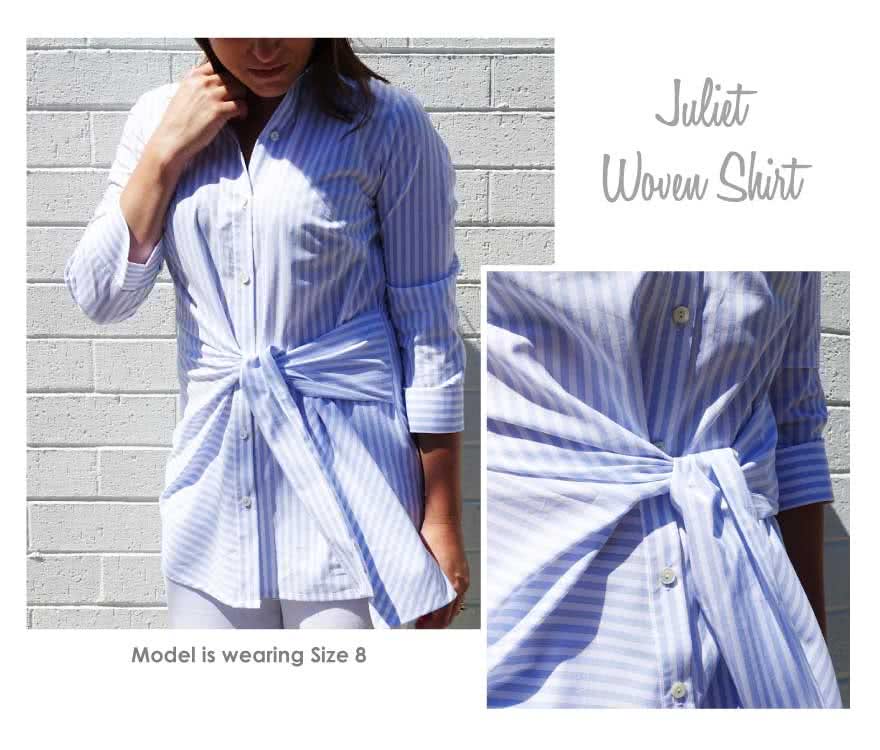 Juliet Woven Shirt Sewing Pattern By Style Arc - Stylish tie front shirt with ¾ sleeve