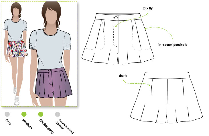 Kitty Shorts Sewing Pattern By Style Arc - Flip short with waistband, front tucks and side pockets