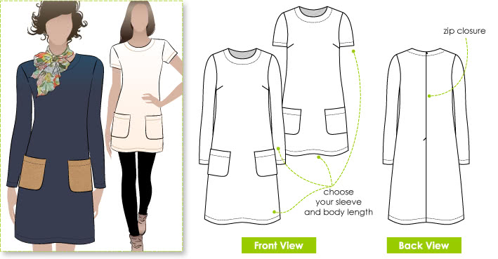 Kristin Dress Sewing Pattern By Style Arc - A-line dress with long/short sleeves & patch pockets