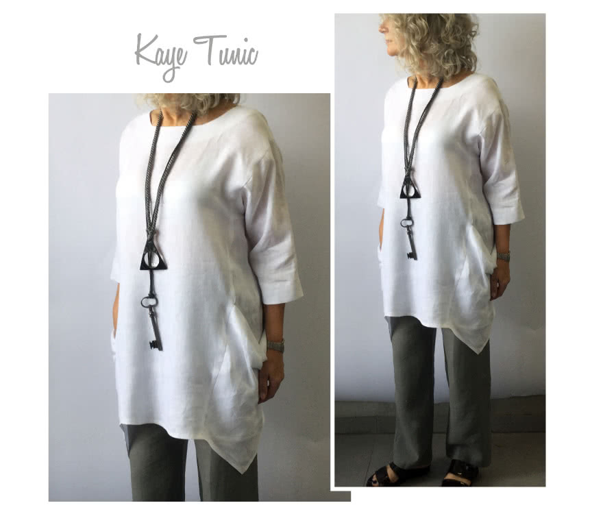 Kaye Tunic Sewing Pattern By Style Arc - A long line tunic top with a unique symmetrical hemline that creates a flattering draped effect
