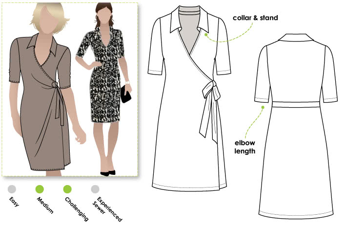 Lea Knit Wrap Dress Sewing Pattern By Style Arc - New wrap dress with collar and elbow length sleeve