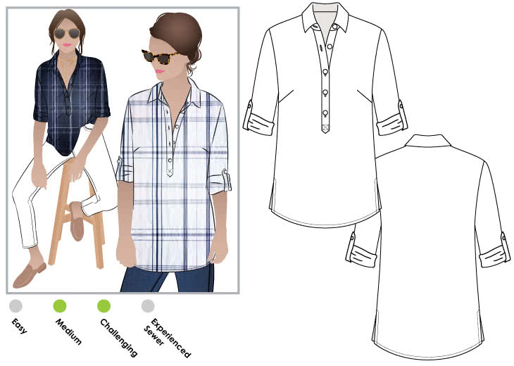 Lennie Over-Shirt Sewing Pattern By Style Arc - Over-shirt featuring a ¾ front tab & a rolled up buttoned sleeve
