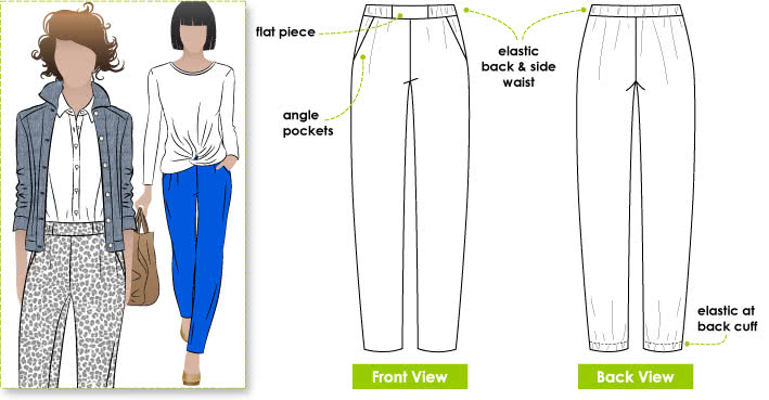 Lola Pant Sewing Pattern By Style Arc - Casual elastic waist pant with pockets & back hem detail