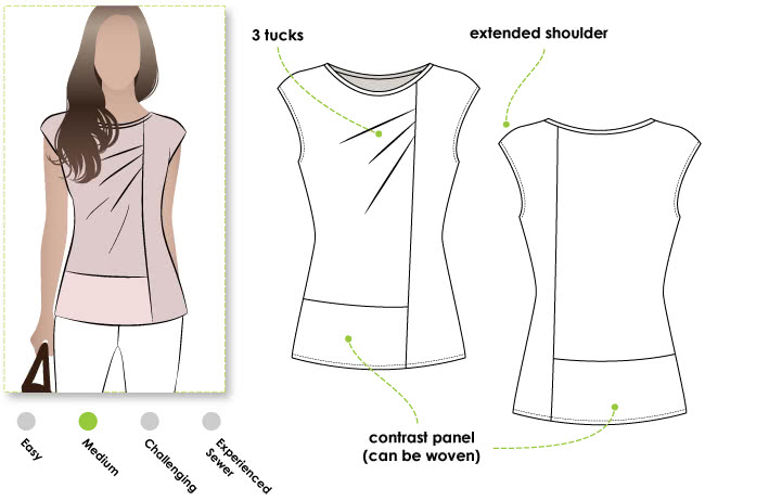 Lotti Knit Top Sewing Pattern By Style Arc - Fashionable panelled knit top with extended shoulder and front tucks