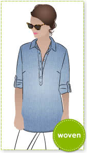 Lennie Over-Shirt Sewing Pattern By Style Arc - Over-shirt featuring a ¾ front tab & a rolled up buttoned sleeve