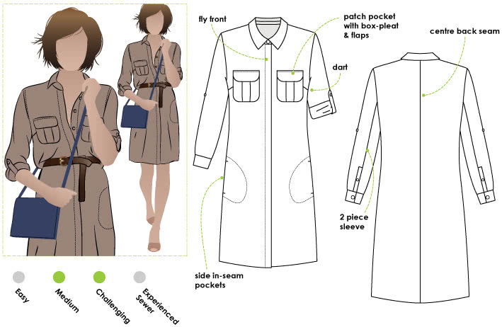 Mara Shirt Dress Sewing Pattern By Style Arc - The classic shirt dress featuring a fly front, pleat pockets and two piece sleeve