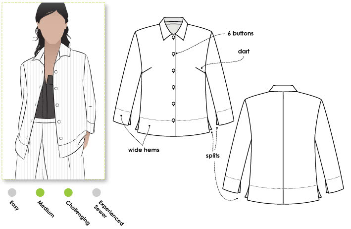 Marley Woven Shirt Sewing Pattern By Style Arc - Boxy shaped shirt featuring wide hems & ¾ sleeves