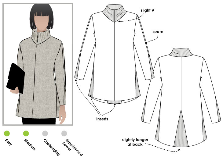 Mavis Knit Tunic Sewing Pattern By Style Arc - Long line knit tunic featuring a turtle neck, contrast inserted panels and slightly dipped back